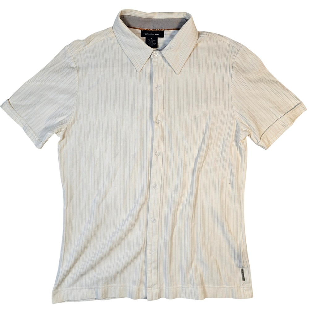 Calvin Klein Jeans Mens Medium Off White Ribbed Short Sleeve Button Down Shirt